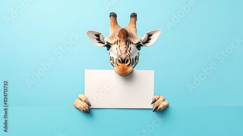 Fototapeta Naklejka Na Ścianę i Meble -  A visually clean scene of an animal holding a blank sign, with a vivid blue background for added vibrancy 
