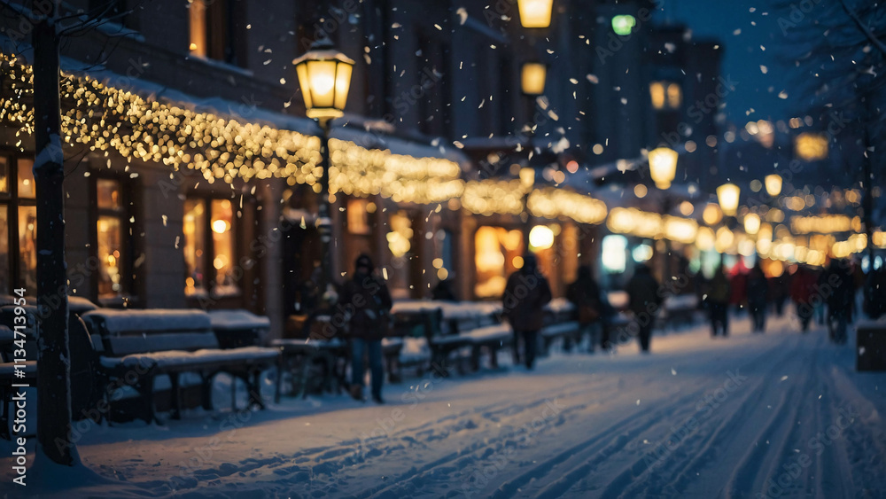 Fototapeta premium winter cityscape at night with glowing street lamps lighting the snow covered streets Winter Photo