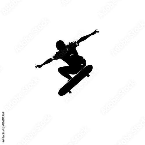 Silhouette of a skateboarder performing a trick in mid air.
