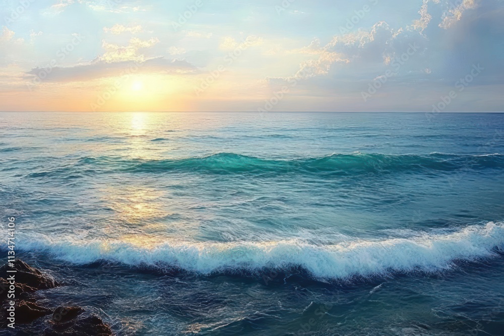 Obraz premium Tranquil Ocean View with Calm Turquoise Waters and Rocky Shoreline under a Light Blue Sky