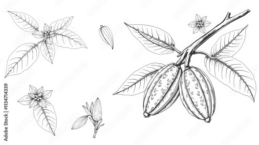 Cocoa set vector illustration with botanical sketches of cocoa beans, leaves, and flowers, botanical sketch, illustration