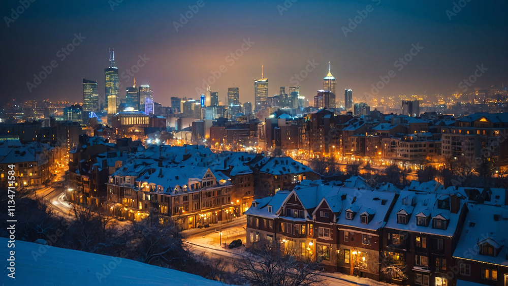 Obraz premium winter night in the city with glowing lamps and icy streets covered in soft white snow Winter Photo
