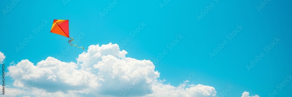 Colorful kite flying high in a clear blue sky with puffy white clouds, the focus on the vibrant kite, blue, vibrant Colorful kite flying high in a clear blue sky with puffy white clouds, the focus on the vibrant kite, blue, vibrant