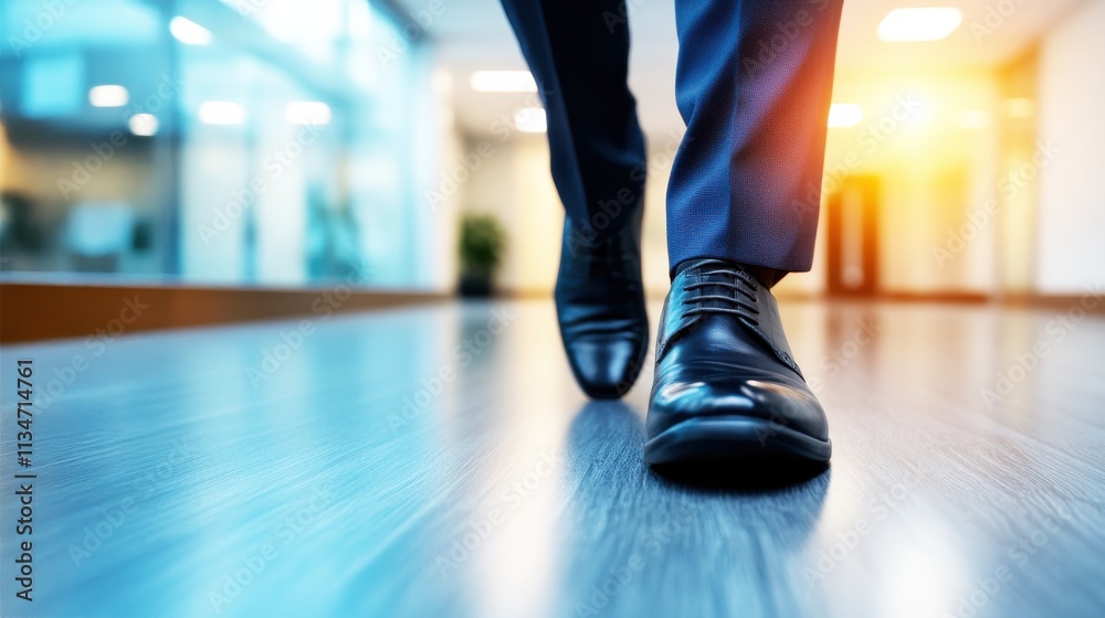 Obraz premium A professional man walks confidently in a modern office, dressed in a suit and polished shoes, reflecting determination and purpose.