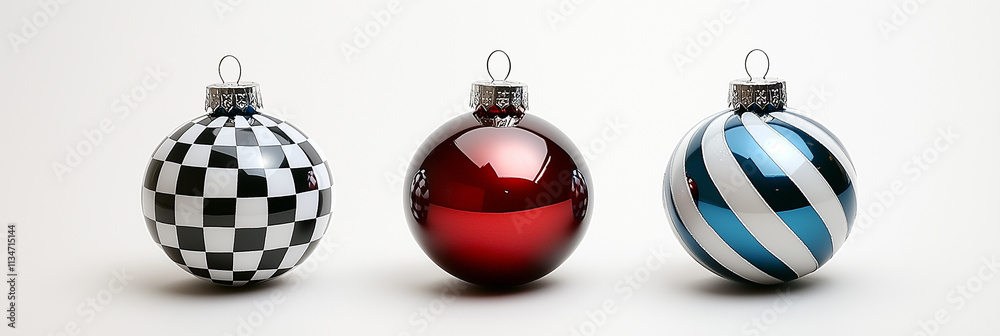 Trio of Christmas Ornaments: Checkered, Red, and Striped Blue Designs