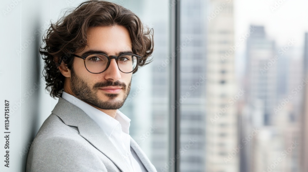 A well-dressed man with curly hair and glasses stands by a large window, overlooking a cityscape.