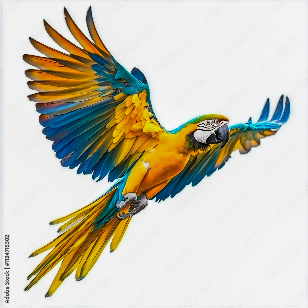 Fototapeta premium Colorful flying Blue and Gold Macaw parrot isolated on white background.