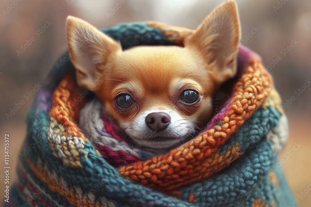 A tiny Chihuahua wrapped in a colorful scarf, sitting snugly in the pocket of its owner’s winter coat, peeking out curiously A tiny Chihuahua wrapped in a colorful scarf, sitting snugly in the pocket of its owner’s winter coat, peeking out curiously