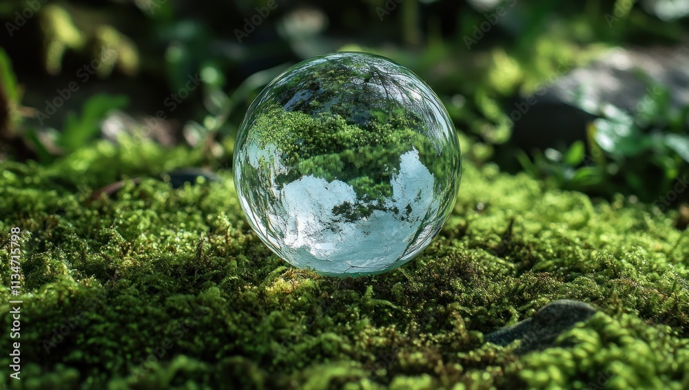 Transparent sphere on moss reflects forest. Transparent sphere on moss reflects forest.