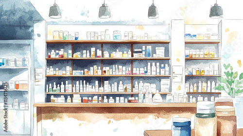 A watercolor illustration a pharmacy with shelves full of medicine bottles