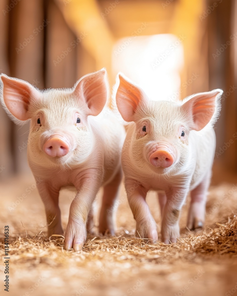 Playful Piglets Explore Their Cozy Barn During a Golden Afternoon Light Playful Piglets Explore Their Cozy Barn During a Golden Afternoon Light