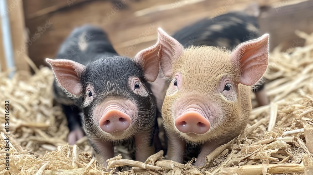Playful Piglets Enjoying a Sunny Day in Their Cozy Straw Bedding