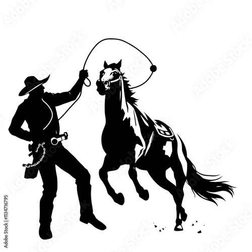 Silhouette of a cowboy lassoing a bucking horse.