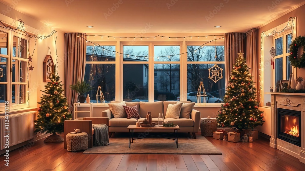Fototapeta premium Cozy Scandinavian living room decorated for Christmas and New Year with twinkling garlands and minimalist furniture, twinkling, evening