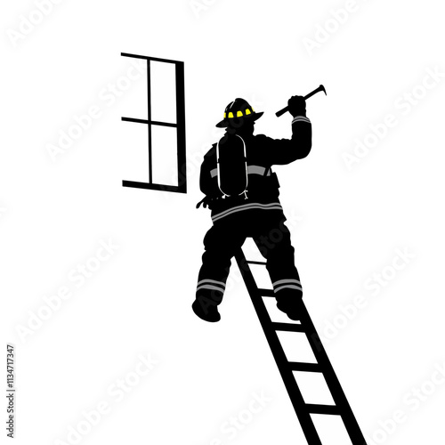 Silhouette of a firefighter climbing a ladder to a window with a crowbar in hand.