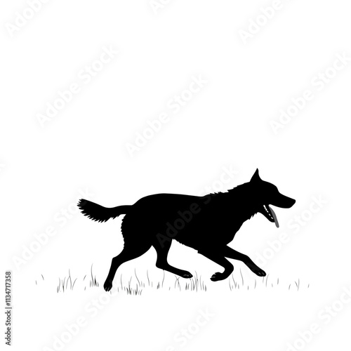 Silhouette of a dog running in a field with its tongue out