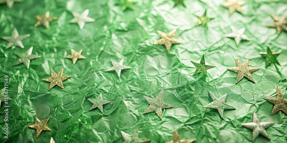 A scattering of sparkling gold and silver stars on a vibrant green crinkled background, creating a festive and whimsical design.
