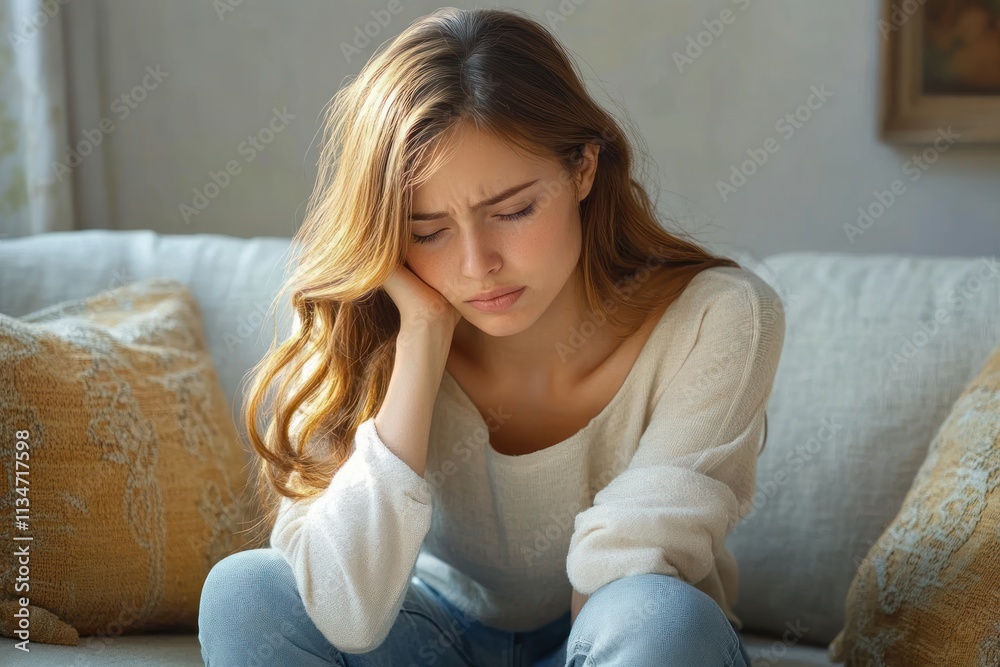 Pregnant Woman in Pain Suffering from Nausea and Morning Sickness on Couch Touching Belly Pregnant Woman in Pain Suffering from Nausea and Morning Sickness on Couch Touching Belly