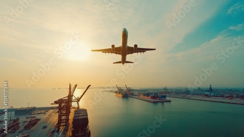 Airplane Flying Over Busy Cargo Port at Sunset photo