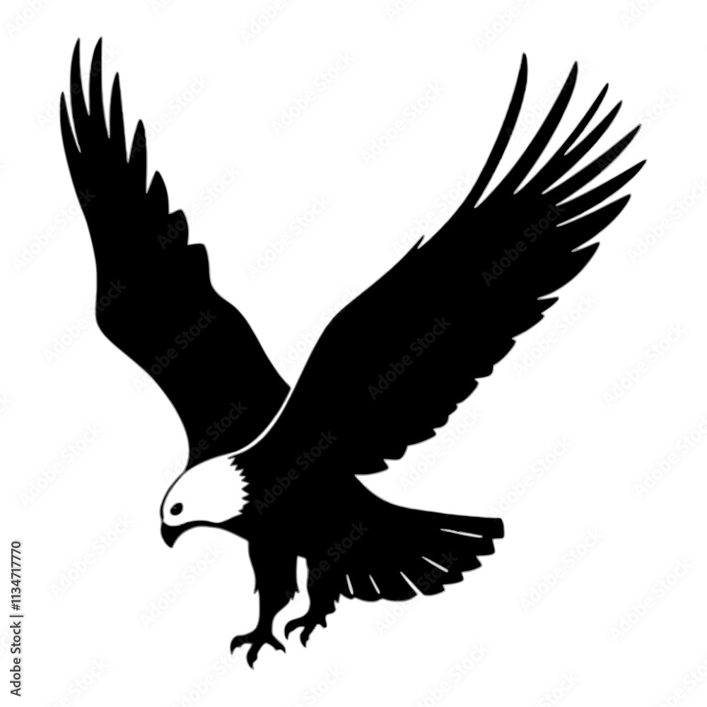 Obraz premium Black silhouette of eagle in flight with spread wings.