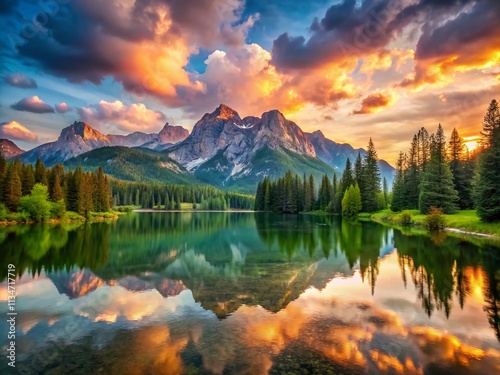 Breathtaking Panoramic Landscape of Majestic Mountains and Serene Lake at Sunset, Highlighting Nature's Beauty and Tranquility in a Stunning Wide-Angle View