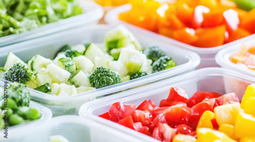 Frozen Dinner Variety Featuring Colorful Vegetables in Vibrant Containers for Meal Preparation Frozen Dinner Variety Featuring Colorful Vegetables in Vibrant Containers for Meal Preparation