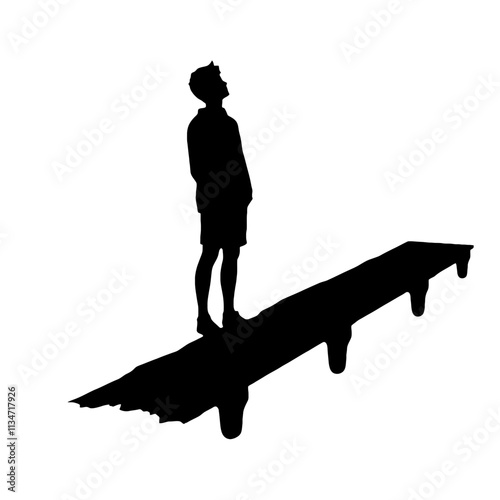 Silhouette of a man standing at the edge of a pier looking up.