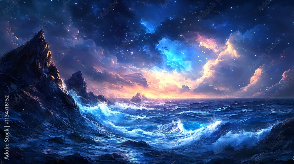 Dramatic Seascape Under a Starlit Sky Dramatic Seascape Under a Starlit Sky