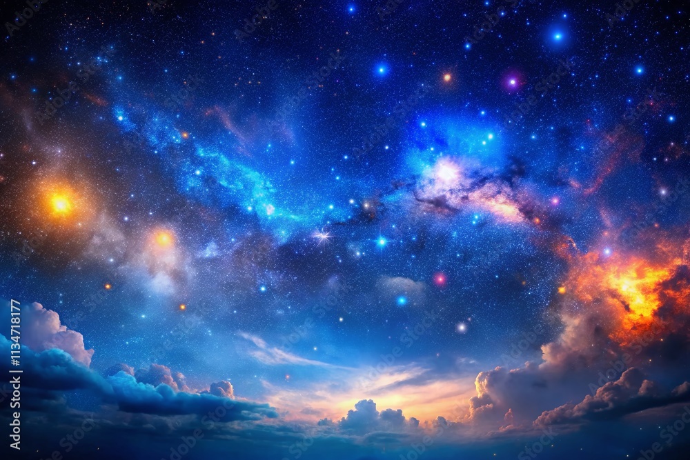 Naklejka premium Breathtaking Panoramic View of a Starry Night Sky with Vibrant Nebulae and Deep Blue Tones - Ideal for Cosmic Themes and Space Exploration Banners