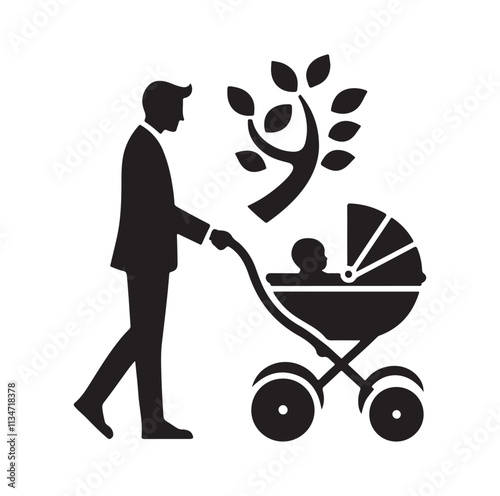 a man pushing a baby in a stroller silhouette vector illustration