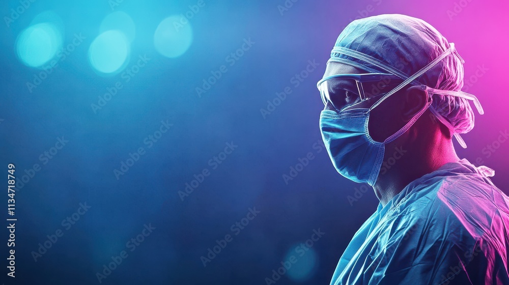 A focused healthcare professional in surgical attire, wearing a mask and goggles, stands against a vibrant blue and pink background. A focused healthcare professional in surgical attire, wearing a mask and goggles, stands against a vibrant blue and pink background.