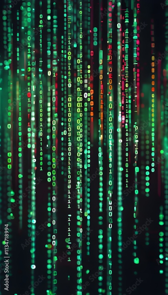 binary code cascading down like digital rain, representing data insights, vibrant hues binary code cascading down like digital rain, representing data insights, vibrant hues