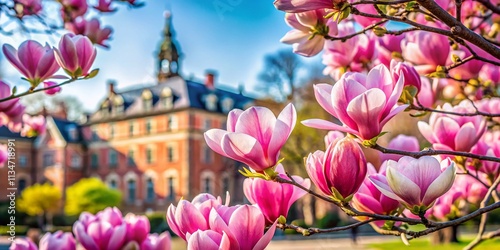 Breathtaking Pink Magnolia Flowers in Full Bloom Against the Historic Universitetshuset Building in Lund, Sweden, Captured in a Dreamy Bokeh Effect During Springtime
