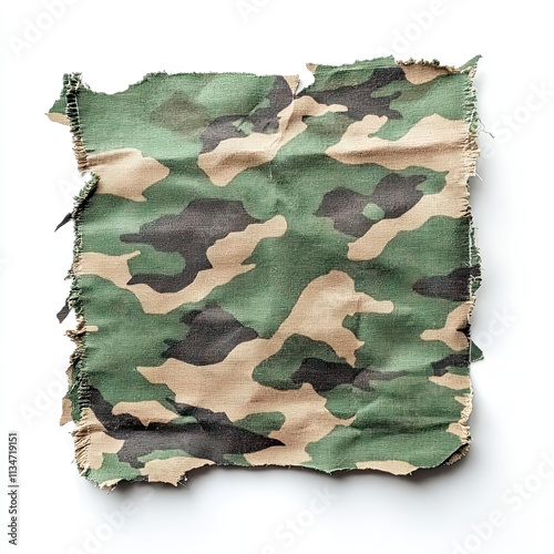 A square piece of green military camouflage cloth with frayed edges