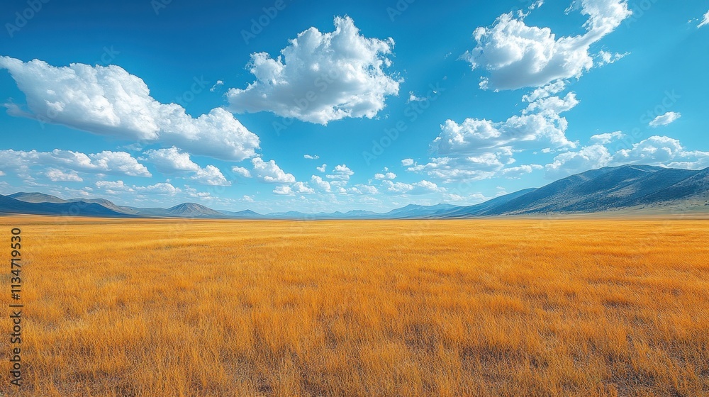 Obraz premium A vast golden landscape under a bright blue sky with scattered clouds and distant mountains.