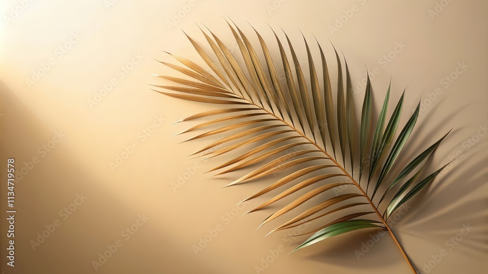 Fototapeta premium A single palm frond with golden brown and green leaves against a beige background. The leaf is backlit, creating a soft, warm glow.