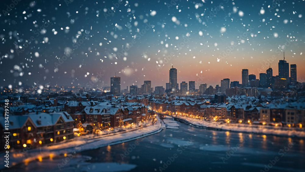Obraz premium still snowy city landscape at night with glowing lamps lighting icy roads and snow covered paths Winter Photo