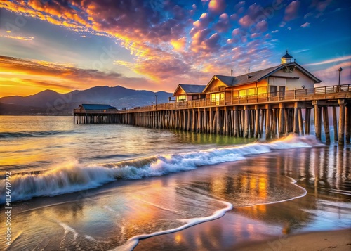 Scenic View of Stearns Wharf, the Oldest Wooden Pier in California, Showcasing its Historic Architecture and Vibrant Coastal Atmosphere Along the Beautiful Santa Barbara Waterfront
