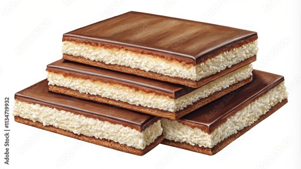 A stack of chocolate-covered squares with a layer of creamy filling. The texture is soft and fluffy, making this treat perfect for a satisfying snack. A stack of chocolate-covered squares with a layer of creamy filling. The texture is soft and fluffy, making this treat perfect for a satisfying snack.