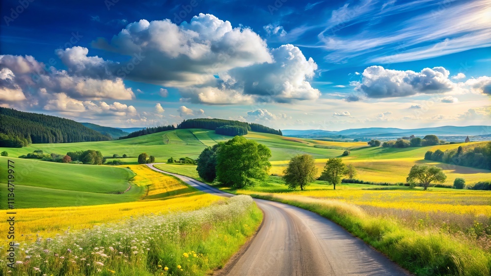 Obraz premium Scenic Summer Road: A Serene Rural Getaway Perfect for Vacationing Amidst Nature's Splendor with Lush Green Fields and Vibrant Blue Skies
