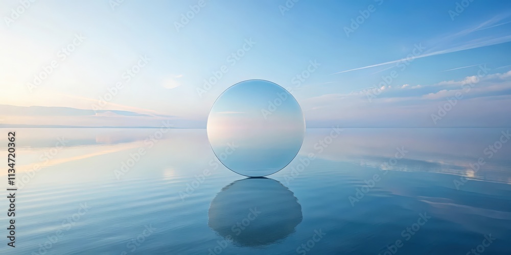 A circular mirror floats on a calm body of water, reflecting the pastel hues of the sky and the gentle ripples of the water. A circular mirror floats on a calm body of water, reflecting the pastel hues of the sky and the gentle ripples of the water.