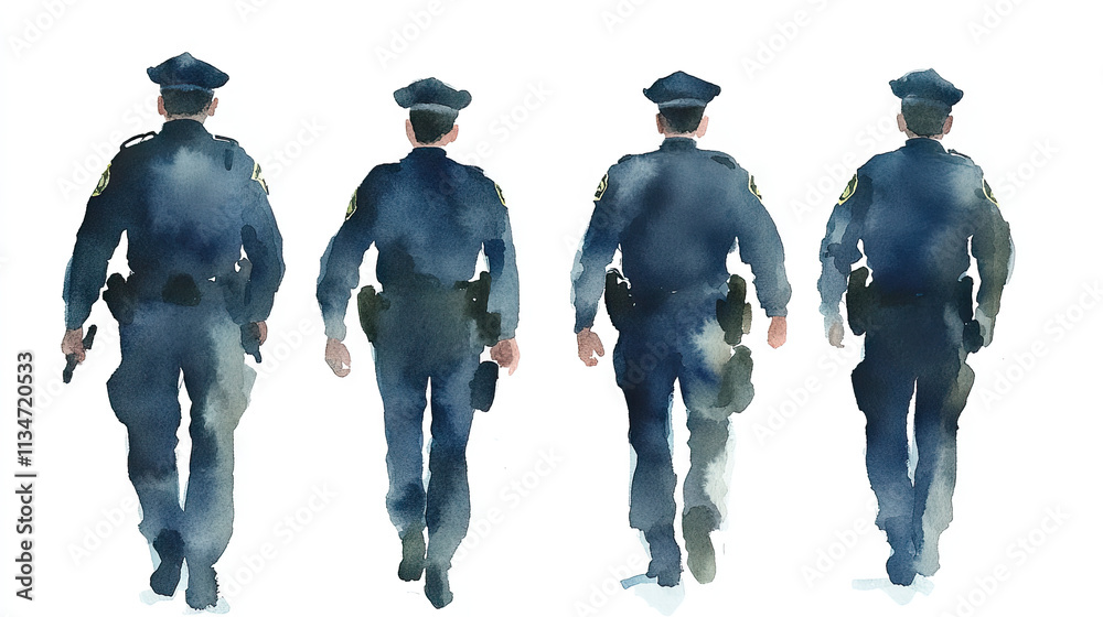 Watercolor of four police officers walking away in blue uniforms, white background