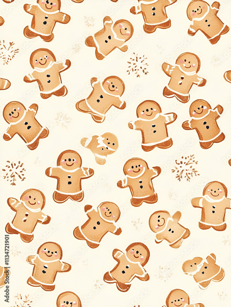 A festive pattern of smiling gingerbread cookies on a light background.