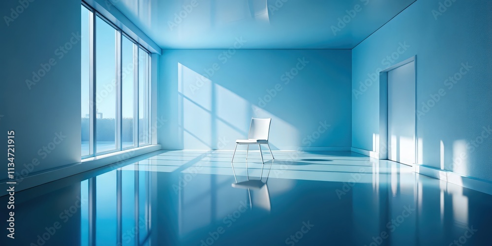 Obraz premium A solitary chair sits in a minimalist room, bathed in soft blue light, reflecting on a glossy floor. The room is filled with the promise of possibilities and a serene atmosphere.