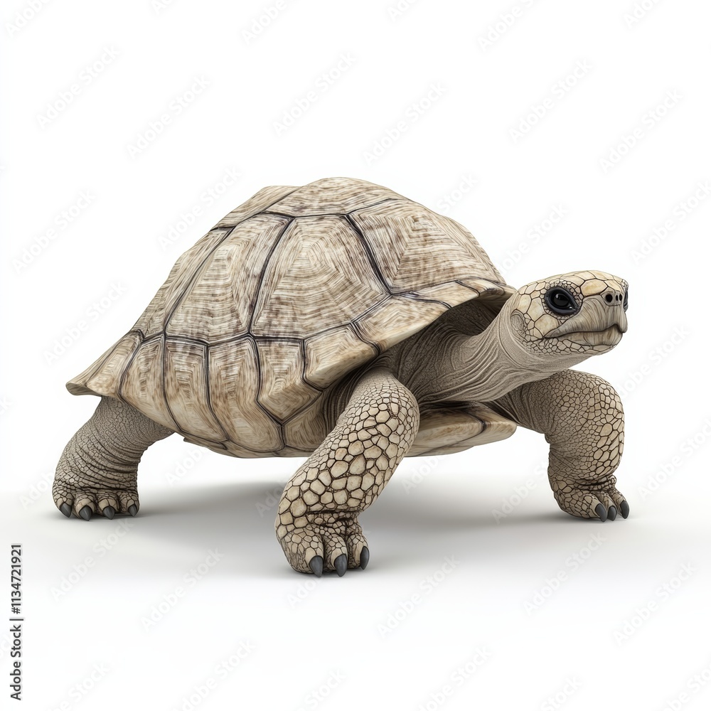 Obraz premium A highly detailed 3D rendering of a tortoise walking on a sandy surface, isolated with a clean white background
