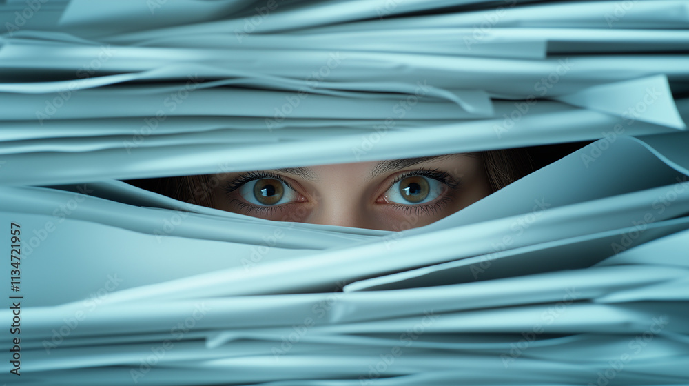 Close-up of a woman's eyes peering through a stack of documents and reports for a busy work scenario Close-up of a woman's eyes peering through a stack of documents and reports for a busy work scenario