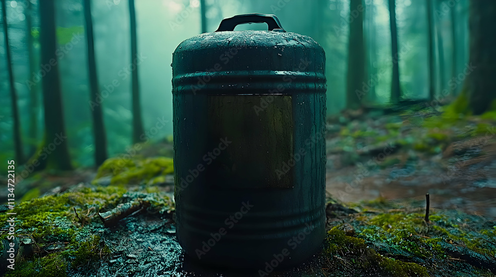 Dark canister sits on mossy forest ground in fog. Dark canister sits on mossy forest ground in fog.