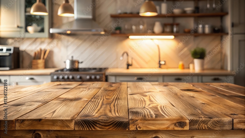 Close-up of a Rustic Wooden Tabletop with a Blurred Background of a Warm and Inviting Kitchen Close-up of a Rustic Wooden Tabletop with a Blurred Background of a Warm and Inviting Kitchen
