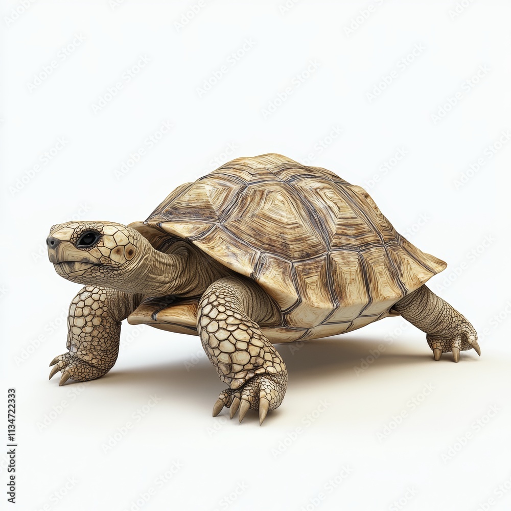 Obraz premium A highly detailed 3D rendering of a tortoise walking on a sandy surface, isolated with a clean white background