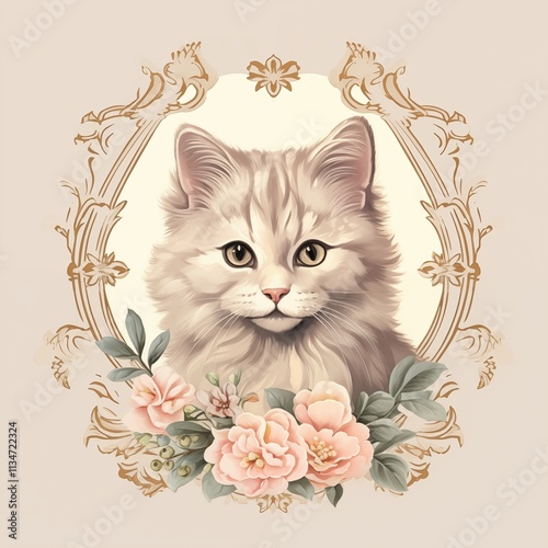 Timeless Vintage Cat Portrait with Ornate Motifs, Print for T-Shirt